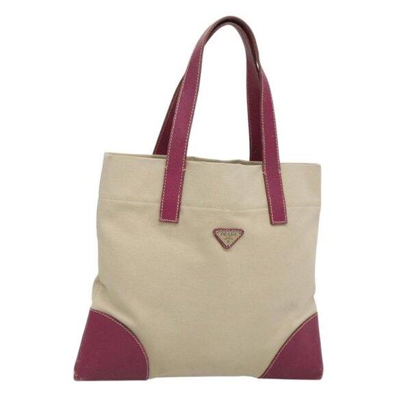 PRADA Hand Bag Canvas Leather Beige Purple Silver Auth - Picture 2 of 16